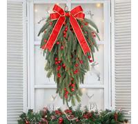 Christmas Swag Realistic Norfolk Pine Christmas Teardrop Swag with Red Bow and Berries for Stair Railing Wall Window Xmas Decor 20x12 inch
