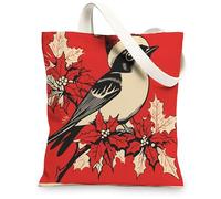 Christmas Swallows Bird Canvas Tote Bag for Shopping 13 * 15, Vintage Xmas Poinsettia Reusable Grocery Bag for Women, Winter Travel Pattern Gift Decoration