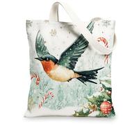 Christmas Swallows Bird Canvas Tote Bag for Shopping 13 * 15, Xmas Watercolor Snow Reusable Grocery Shoulder Cloth Bag for Women, Winter Painting Gift Decor