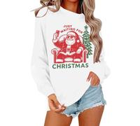 Christmas Sweater,Women’s Hoodless Sweatshirt Santa Print Crewneck Fleece-Lined Long Sleeve Cozy Winter Top for Casual Everyday Wear (White, XXL)