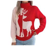 Christmas Sweaters for Women High Neck Crewneck Long Sleeve Knit Jumper Christmas Reindeer Snowflake Sweatshirts Soft Xmas Pullover Winter Ribbed Knit Ladies Pullover Sweater