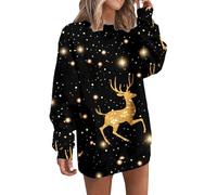 Christmas Sweatshirt Dress for Women UK Long Oversized Crew Neck Long Sleeve Sweatshirt Wine Glass Print Jumper Dress for Women Casual Tops Pullover Blouse Women's Xmas Dress