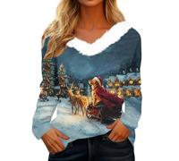 Christmas Sweatshirt for Women Christmas Jumpers for Women Party V-Neck Jumpers Elegant for Daily Outings Tops Formal Printed Top Vintage Long Sleeve Shirts Sky Blue L