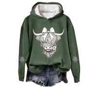 Christmas Sweatshirt for Women Hoodie - Cow Print Festive Western Graphic Pullover For Cozy Fleece Holiday Themed Casual Wear (Green L)