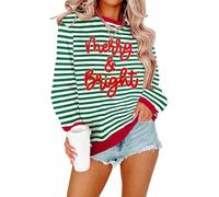 Christmas Sweatshirt Women Chenille Patch Merry & Bright Striped Sweatshirt