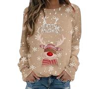 Christmas Sweatshirt Women Reindeer Graphic Print Jumper Long Sleeve Shirt Unisex Pullover Causal Crewneck Sweat Tops for Women Plus Size Festival Sweatshirt Novel Pullover Khaki