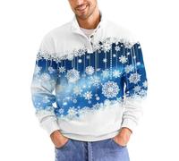 Christmas Sweatshirts for Men Fashion Xmas Graphic Print Long Sleeve Sweatshirt Stand Collar Button Slim Pullover Tops White Blue