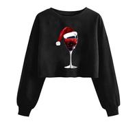 Christmas Sweatshirts for Women Funny Graphic Long Sleeve Shirts Cropped Tops Christmas Tree Red Wine Glasses Santa Print Crewneck Cute Xmas Holiday Party Pullover Blouses