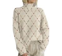 Christmas Sweatshirts for Women High Collar Long Sleeve Loose Printed Pullover Sweater Jumper Tops Wool Turtle Neck Top for Women (Beige, M)