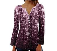 Christmas Sweatshirts for Women UK Clearance 3D Printed Xmas Jumper Buttons Long Sleeve Tunic Tops Flowy Henley Tshirt Casual Dressy Blouses Loose Fitting Tshirts Snowflakes Tops for Leggings