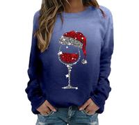 Christmas Sweatshirts for Women UK Clearance Womens Ugly Pullover Sweater Tops Xmas Red Wine Glass Printed Sweatshirt Cute Snowman Xmas Tree Round Neck Long Sleeve Tops Casual Loose Shirts S-5XL