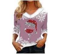 Christmas Sweatshirts Tops Crewneck 3/4 Sleeve Red Wine Glass Graphic Novelty Merry Christmas Jumpers for Women Plush Collar Pullover Sweatshirts Tops Funny Sparkly Snowflake Xmas