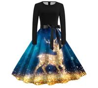 Christmas Swing Dresses for Women UK, Xmas Dresses for Women, a Line 1950s Swing Dress Reindeer Print Round Neck Vintage Dresses Elegant Christmas Costume for Cocktail Party