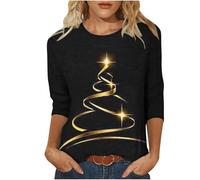 Christmas T Shirt for Women UK Clearance,Funny Graphic Xmas Tops Sparkling Christmas Tree Printed Sweatshirt Crew Neck Three Quarter Sleeve Pullover Xmas Holiday Blouse Tops for Women Plus Size 22