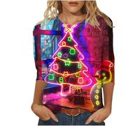 Christmas T Shirt for Women UK,Santa Claus Funny Graphic Xmas Tops Christmas Tree Snowflake Printed Sweatshirt Crew Neck 3/4 Sleeve Pullover Xmas Holiday Blouse Tops for Women Plus Size 8-22
