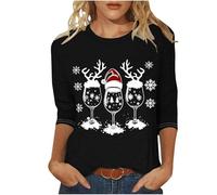 Christmas T Shirt for Women UK,Santa Claus Funny Graphic Xmas Tops Christmas Tree Snowflake Printed Sweatshirt Crew Neck 3/4 Sleeve Pullover Xmas Holiday Blouse Tops for Women Plus Size 8-22