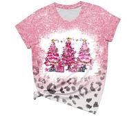 Christmas T-Shirt Women Merry Xmas Graphic Pullover Tree Novelty Funny Holiday Casual Blouse Pink Tops Round Neck Short Sleeve Loose Tee Top Shirt UK