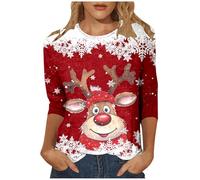 Christmas T-Shirt Women's 3/4 Sleeve Christmas Shirt Funny Crew Neck Women's Tops Autumn T-Shirt Christmas Outfit Thermal Shirt Funny with Santa Print for Christmas Market Visit