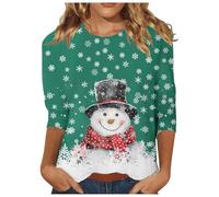 Christmas T-Shirt Women's 3/4 Sleeve Crew Neck Christmas Shirt Funny Christmas Clothing Women's Oversize Shirt Christmas Top Ugly with Red Wine Glass Print Thermal Shirt On The Christmas Market