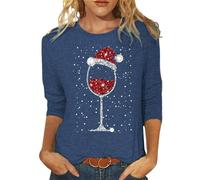 Christmas T-Shirt Women's 3/4 Sleeve - Crew Neck Christmas Shirt Funny Festive Top Women - Christmas T-Shirt Christmas Clothing Christmas Shirt Ugly with Red Wine Glass Print on the Christmas Market
