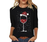 Christmas T-Shirt Women's Elegant Christmas Shirt 3/4 Sleeve - Crew Neck Christmas Clothing Women's Thermal Shirt Christmas Party Top Funny with Santa Pattern Thermal Shirt for Christmas Market Visit