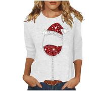 Christmas T-Shirt Women's Funny Christmas Shirt 3/4 Sleeve Crew Neck Christmas Clothing Women's Shirt Christmas Sexy Top Funny with Santa Print for Gift