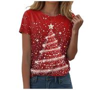 Christmas T Shirt Womens Women's Plus Short Sleeve Holly Snowflake Christmas Print Long Top Short Sleeves Crew Neck Tunic Tops Tops for Women UK T Shirts for Women UK Oversized (Red-d, XXL)