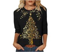 Christmas T Shirts for Women Crewneck Ladies Tops Casual 3/57 Sleeve Loose Shirts Xmas Tree Snowflake Elk Print Cute Blouse Graphic Tees Classic Chrismas Party Top UK