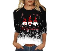 Christmas T Shirts for Women Ladies Tops Classic Comfy Elegant Casual 3/4 Sleeve Tees Loose Fit Crewneck Red Wine Glass Print Cute Shirts Blouse Dressy Trendy Graphic Tunic Tops