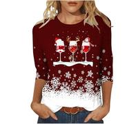 Christmas T Shirts for Women Ladies Tops Classic Comfy Elegant Casual 3/4 Sleeve Tees Loose Fit Crewneck Red Wine Glass Print Cute Shirts Blouse Dressy Trendy Graphic Tunic Tops