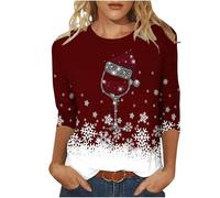 Christmas T Shirts for Women Ladies Tops Classic Comfy Elegant Casual 3/4 Sleeve Tees Loose Fit Crewneck Red Wine Glass Print Cute Shirts Blouse Dressy Trendy Graphic Tunic Tops