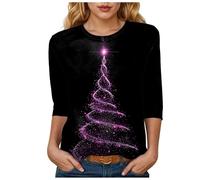 Christmas T Shirts for Women UK 3/4 Sleeve Top Womens T-Shirts Casual Crewneck Tunic Top Christmas Tree Snowflake Print Blouse Tees Tops Xmas Jumpers for Women (M) B-Black