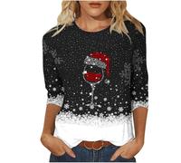 Christmas T Shirts for Women UK Christmas Wine Glass Xmas Graphic Tunic Tops Ladies Funny Graphic Snowflake Xmas Sweatshirt Casual Crew Neck 3/4 Sleeve Pullover Top Blouse Ladies