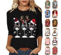 Christmas T Shirts for Women UK Crewneck Xmas Tops 3/4 Sleeve Tshirt Graphic Tees Dressy Shirts Santa Elk Snowflake Print Blouse 2024 Fashion Clothes