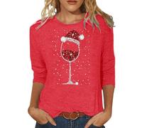 Christmas T Shirts for Women UK Ladies Tops Fall Casual 3/4 Sleeve Loose Shirts Crewneck Xmas Tree Snowflake Elk Print Cute Blouse Graphic Tees Tunic DressyClothes Thanksgiving Day Red