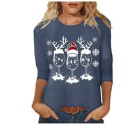 Christmas T Shirts for Women UK Xmas Tops Crewneck 3/4 Sleeve Tshirt Graphic Tees Shirt Christmas Tree Snowflake Printed Blouse Tees Tunic Tops Women Xmas Jumper Shirts (A-Grey, M)