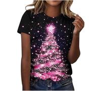 Christmas T-Shirts Women Christmas Tree Graphic Xmas Print T Shirt Holiday Short Sleeve Tops Ladies Lightweight Fall Winter Going Out T Shirts Cute Funny Novelty Merry Xmas Pullover