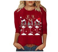 Christmas T Shirts Women UK Ladies Casual Crewneck 3/4 Sleeve Loose Shirts Tops Xmas Tree Snowflake Print Blouse Tees Tunic Tops Women Christmas Jumper Shirt
