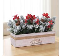 Christmas Table Centerpiece Decoration, Artificial Snowy Norfolk Pine Brantches with Poinsettias, Berries & Pine Cones in Rustic Wooden Box, Festive Flower Arrangement for Xmas Decorations Gifts