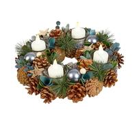 Christmas Table Centrepiece Candle Holder Frosted Pine Cone Glass Tea Light Holder with Blue Baubles, Crocus Flowers, Bark Stars, Blueberries & Artificial Foliage (Wreath)