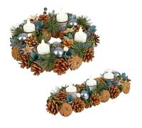 Christmas Table Centrepiece Candle Holder Frosted Pine Cone Glass Tea Light Holder with Blue Baubles, Crocus Flowers, Bark Stars, Blueberries & Artificial Foliage (Triple & Wreath)