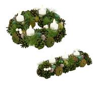 Christmas Table Centrepiece Candle Holder Green Tealight Holder (Full Set) | Artificial Foliage, White Berries, Green Baubles, Pine Cone, Tea Light Holder, Votive Jar, Table Decor