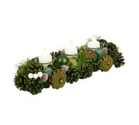 Christmas Table Centrepiece Candle Holder Green Tealight Holder (Wreath) | Artificial Foliage, White Berries, Green Baubles, Pine Cone, Tea Light Holder, Votive Jar, Table Decor