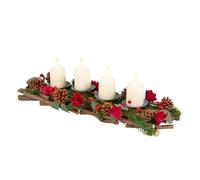 Christmas Table Centrepiece Candle Holder with Red Roses (Pillar Holder) | Wooden Branch, Artificial Foliage, Faux Berries, Table Decor, Tablescape, Xmas Decor, Dining Table Centrepiece