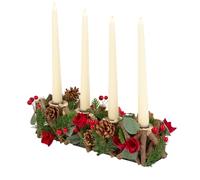 Christmas Table Centrepiece Candle Holder Wooden Branch Tea Light Holder Dining Décor with Red Roses, Artificial Foliage and Berries (Taper Candle Holder)
