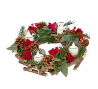 Christmas Table Centrepiece Candle Holder Wooden Branch Tea Light Holder Dining Décor with Red Roses, Artificial Foliage and Berries (Tea Light Holder)