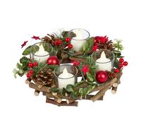 Christmas Table Centrepiece Wreath Candle Holder Wooden Branch Glass Tea Light Holder Dining Table Décor with Red Baubles, Artificial Foliage, Berries & Wooden Stars