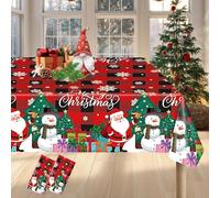 Christmas Table Cloth Plastic Tablecloth - Merry Xmas Disposable Waterproof Rectangular Table Cover Black Red Buffalo Plaid Snowman Tree Oblong Decorations for Holiday Dinner Supplies 137×274CM(2 Pcs)
