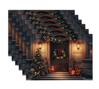 Christmas Table Decoration Placemats Set Of 6 Red Green Lantern Wreath Christmas Buildings Mats 30 X 45Cm Non-Slip Heat Resistant Linen For Home Tablecover Dining