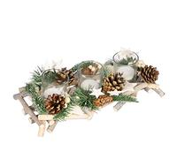 Christmas Table Decoration Tealight Candle Holder Natural Birchwood Centrepiece Tea Light Holder with Glass Candle Votive Jars, Natural Pine Cones & Wooden Stars